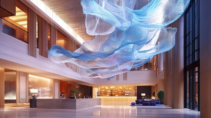 Elegant hotel lobby featuring contemporary design, artistic decor, and a warm ambiance, perfect for modern hospitality presentations.