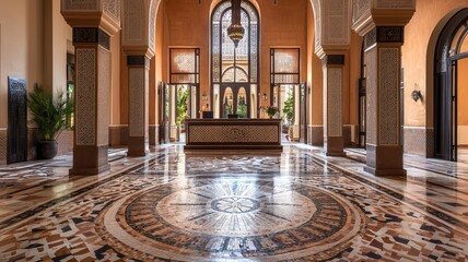 Obraz premium Elegant hotel lobby featuring intricate tile patterns, tall arches, and a welcoming reception area with natural light.