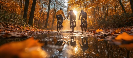 Three cyclists ride through a forest path with fallen leaves and a puddle reflecting the setting sun.
