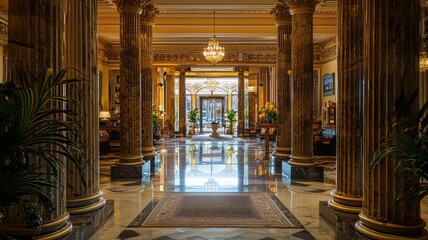 Elegant hotel lobby with marble floors, tall pillars, and lush greenery, exuding luxury and tranquility.