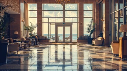 Elegant hotel lobby with modern decor and natural light, showcasing a stunning view of the ocean and inviting seating areas.