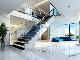 Modern style staircase design, white marble floor with glass railings and black steps, blue sofa on the right side of stairs. Created with Ai