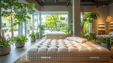An environmentally friendly bed store with mattresses made from organic materials, showcased in a room with natural lighting and air-purifying plants
