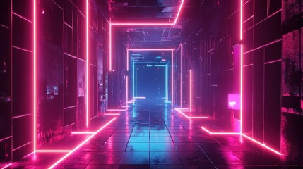 Neon Lights Illuminating a Dark and Empty Hallway