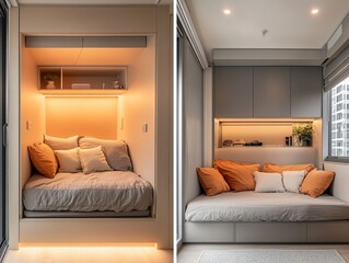 A modern and minimalist bedroom design with a built-in bed, LED lighting, and a window overlooking a cityscape.