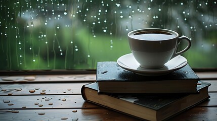 A cup of black coffee beside stack of mystery novels on a rainy day