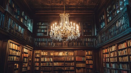 Elegant library interior with towering bookshelves and a stunning chandelier, creating a serene and scholarly atmosphere.