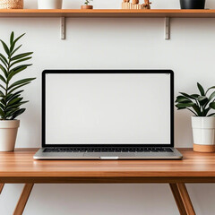 Fototapeta premium Laptop Mockup With Minimalist Table and Plant Decoration