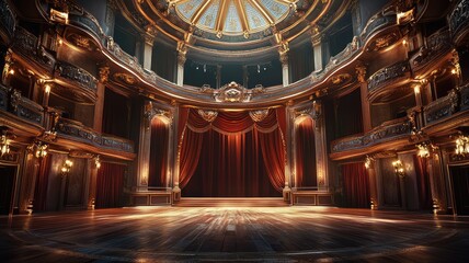 Obraz premium Elegant theater interior with grand stage, intricate architecture, and rich curtains, ideal for performances and events.