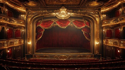 Fototapeta premium Elegant theater interior with ornate decorations, red curtains, and a captivating stage ready for performance.