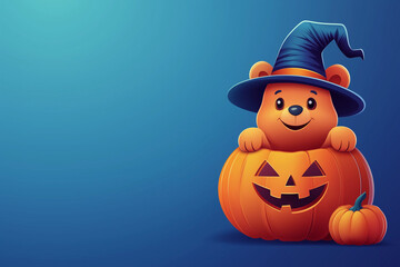 Cute round cartoon bear in witchs hat sitting on pumpkin, bringing joyful Halloween spirit. bears cheerful expression adds playful touch to festive scene