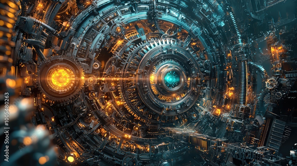 Poster futuristic abstract background featuring intricate mechanical details and glowing elements, ideal fo
