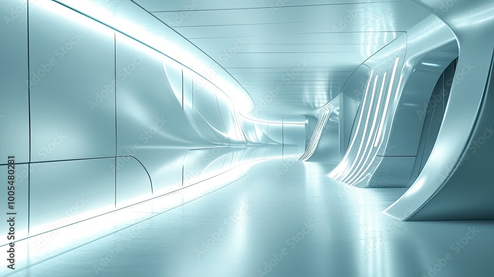 Poster futuristic and sleek corridor design with glowing lights, emphasizing modern architecture and innova