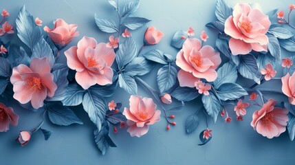 Elegant colorful 3d flowers with leaves on a tree illustration background. 3d abstraction wallpaper for Interior mural painting wall art decor. Tree branches leaves with flowers hanging on wall.