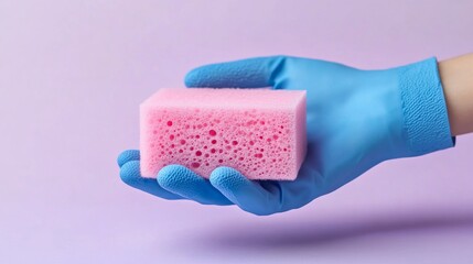 Hand wearing blue glove holding pink sponge on purple background