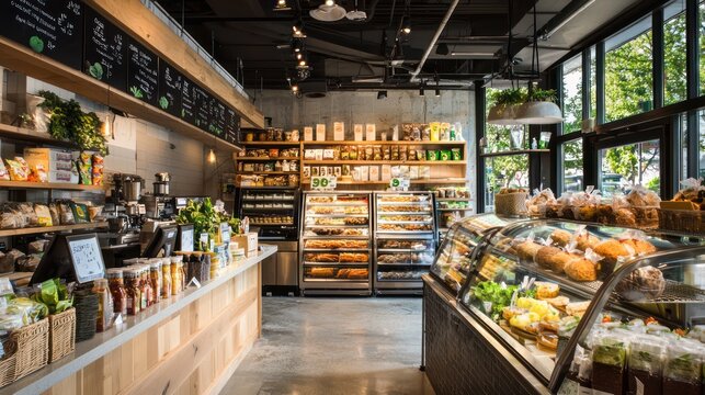 An organic deli featuring locally sourced ingredients, reusable packaging, and an interior design using recycled materials