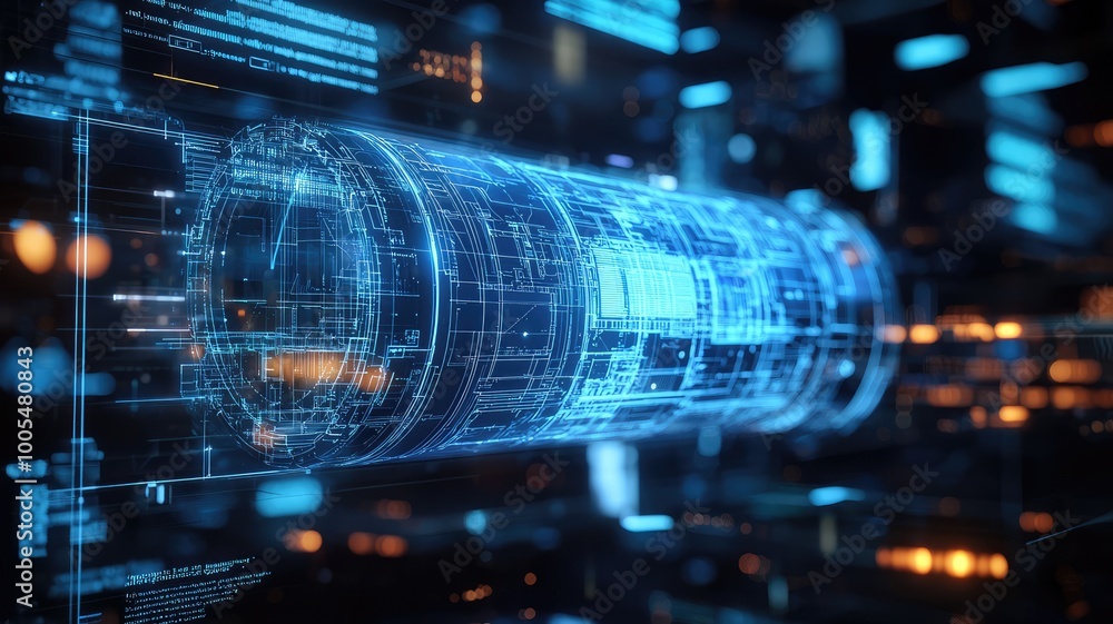 Poster futuristic digital cylinder with glowing data patterns, illustrating advanced technology and innovat