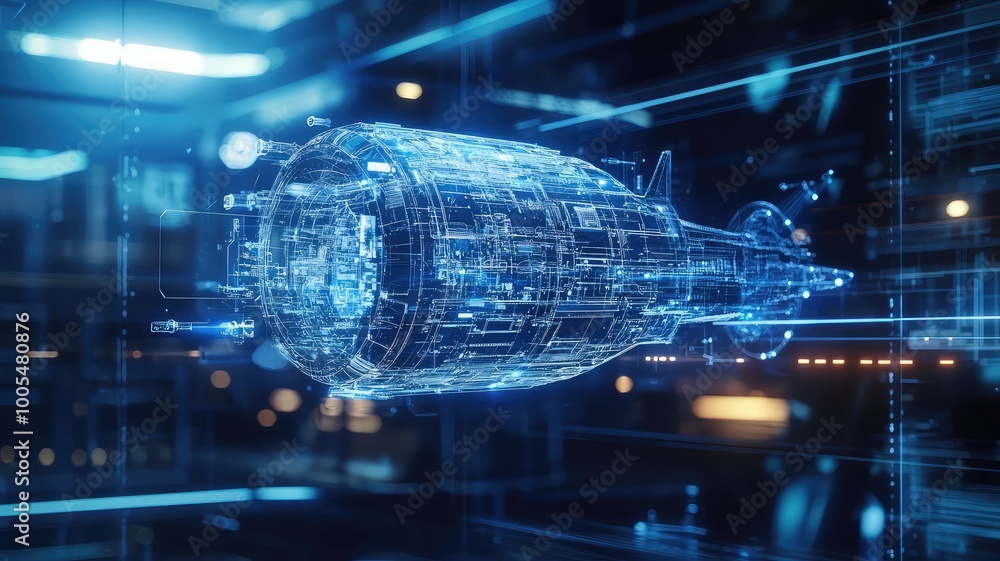 Poster futuristic engine design displayed in a digital format, showcasing intricate details and advanced te