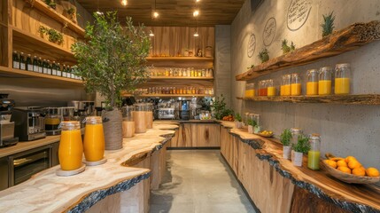 An organic juice bar interior with countertops made from recycled paper stone and decor of live-edge wood