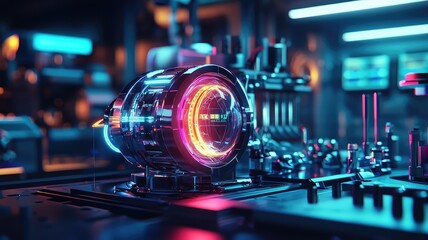 Futuristic machinery featuring glowing elements and intricate details in a techno environment, showcasing advanced technology.