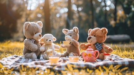A group of adorable stuffed animals having a tea party on picnic blanket in a sunny park