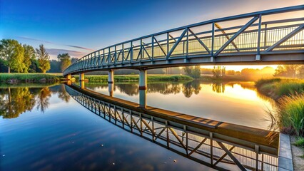 Panoramic bridge for pedestrians over river during early morning colors