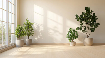 Fototapeta premium Spacious White Minimalist Room with Eucalyptus Leaves and Wood grain flooring,There are some potted plants, comfortable with sunlight sh, no sofa, comfortable with sunlight shining in, interior design