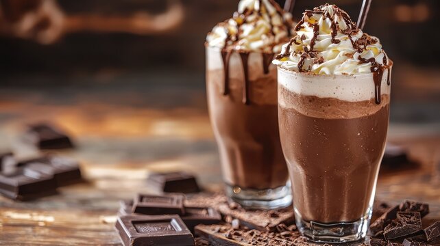 Indulge in these decadent chocolate milkshakes topped with whipped cream and drizzled chocolate, perfect for dessert lovers.