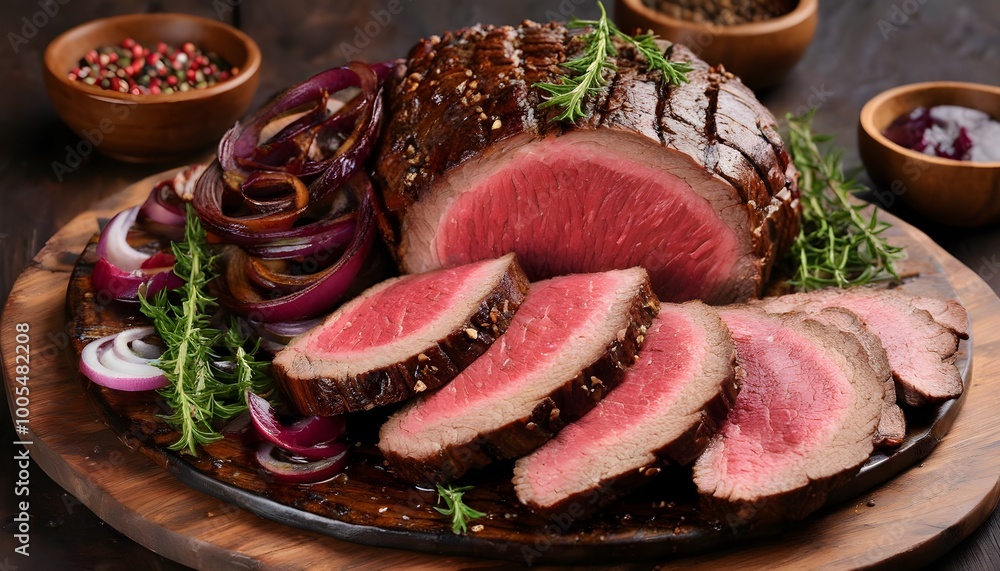 Wall mural elegant sunday roast with sliced roast beef and crispy onion rings on vintage rustic metal platter