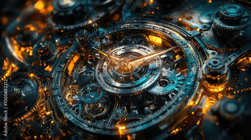 Poster intricate clock mechanism with golden gears and luminous details, showcasing precision and artistry 