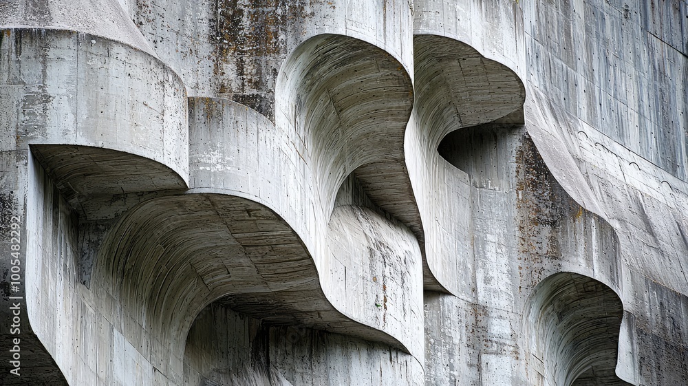 Poster intricate concrete structure showcasing dynamic curves and waves, embodying modern architectural des