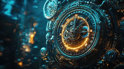 Intricate clockwork design featuring glowing gears and detailed craftsmanship, perfect for steampunk and fantasy themes.