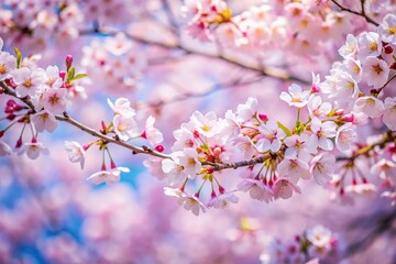 Naklejka premium Panoramic cherry blossom in spring with soft focus sakura season in Korea background