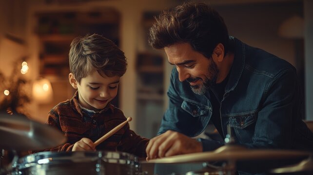 Father and son playing drums together in a cozy indoor setting