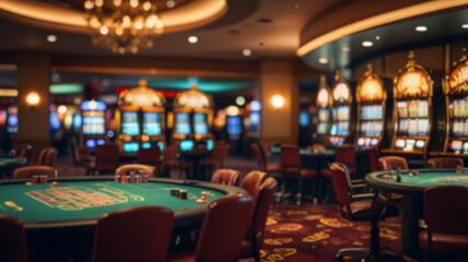 Abstract blur image of casino and gambling room interior for background usage.