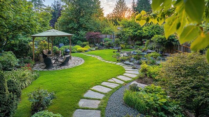 Obraz premium Lush garden pathway leading to a quaint gazebo, surrounded by vibrant greenery and colorful flowers. Ideal for relaxation and nature lovers.