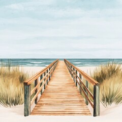 Fototapeta premium A watercolor of scenic wooden walkway leading to a serene beach and calm ocean.