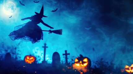Halloween witch silhouette flying at night