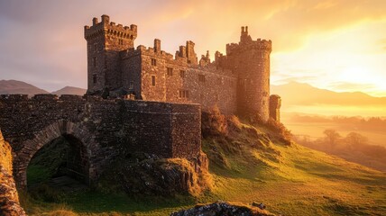 Majestic castle at sunrise, surrounded by lush greenery and rolling hills, capturing the essence of medieval architecture and nature.