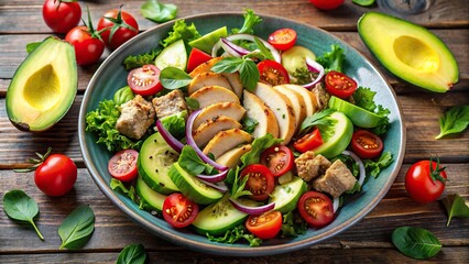 Panoramic delicious salad with avocado chicken and tomatoes