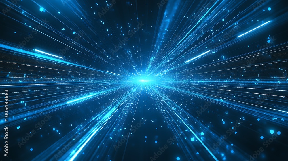 Poster abstract blue light streaks and particles radiating from a central point against a dark background, 