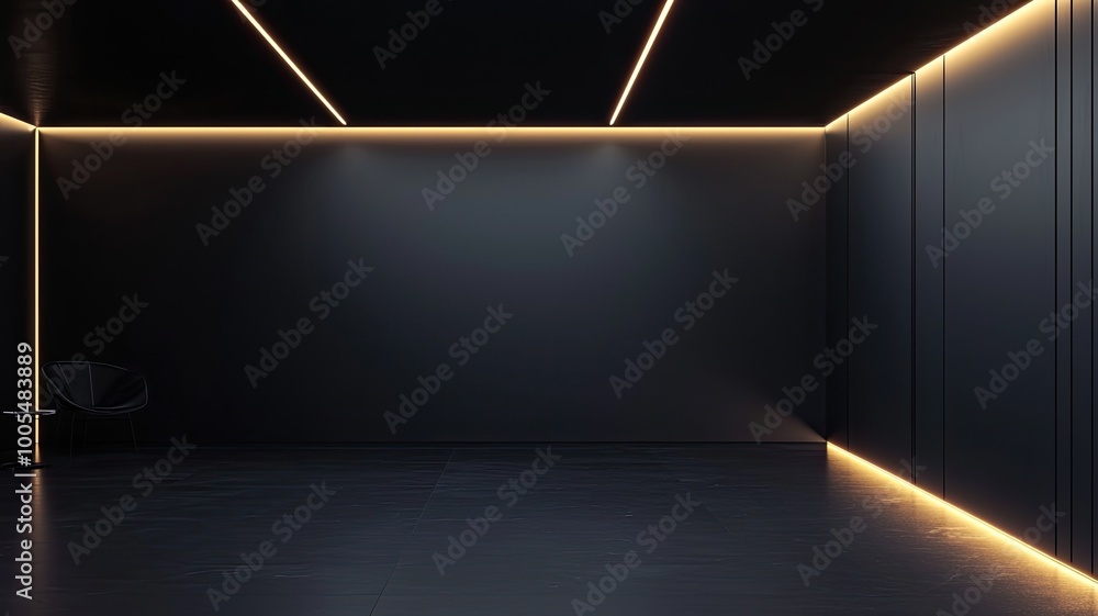 Poster minimalistic interior showcasing a dark space with elegant lighting details, perfect for modern desi