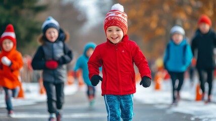 A Young Boy in a Red Jacket Runs Through Wintery Landscape