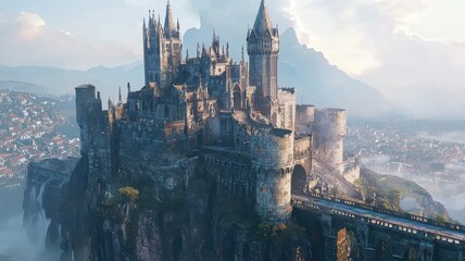 Majestic medieval castle perched on a cliff, surrounded by breathtaking mountains and serene skies, showcasing a fantasy landscape.