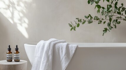 Minimalist bathroom interior with a white bathtub, towel, and plants. Sunlight streams through a window, casting shadows on the wall.