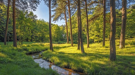 Fototapeta premium A small stream flows through a lush green forest, sunlight filtering through the tall trees.