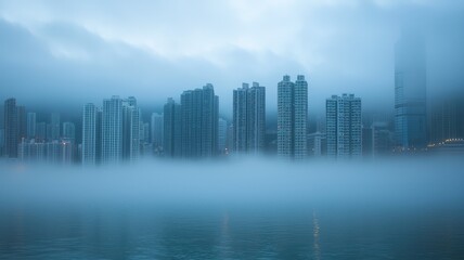 Fototapeta premium Misty skyline of Hong Kong at dawn, shrouded in fog, reflecting on calm waters, capturing an ethereal urban landscape.