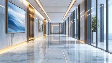 Modern hallway with elegant decor, bright lighting, and glass walls, featuring artwork and greenery elements for a stylish ambiance.