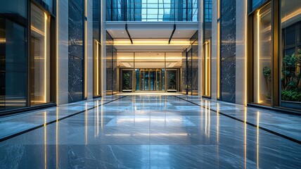 Modern hallway with elegant lighting and polished floor, showcasing contemporary architecture in a bright and spacious environment.