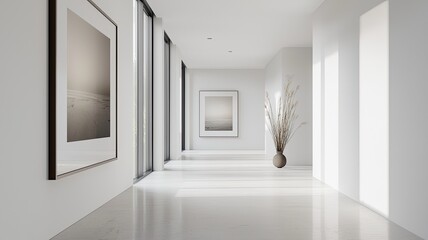 Obraz premium Modern hallway with minimalist decor, featuring large windows and artworks that create a serene atmosphere.